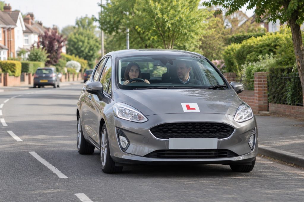 Illustrative driving lesson with a learner and instructor beside a tuition car