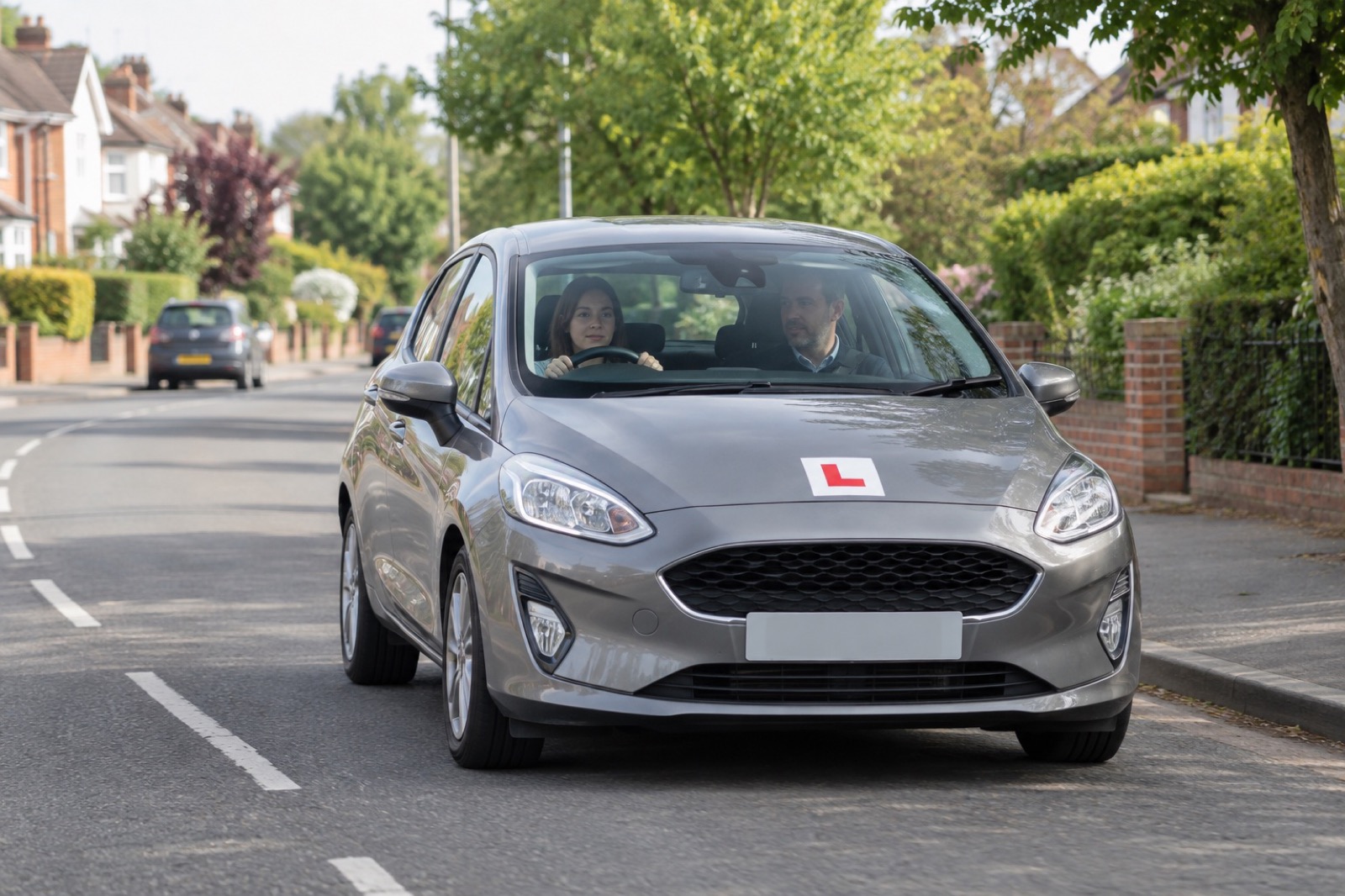 Illustrative learner and instructor beside a tuition car
